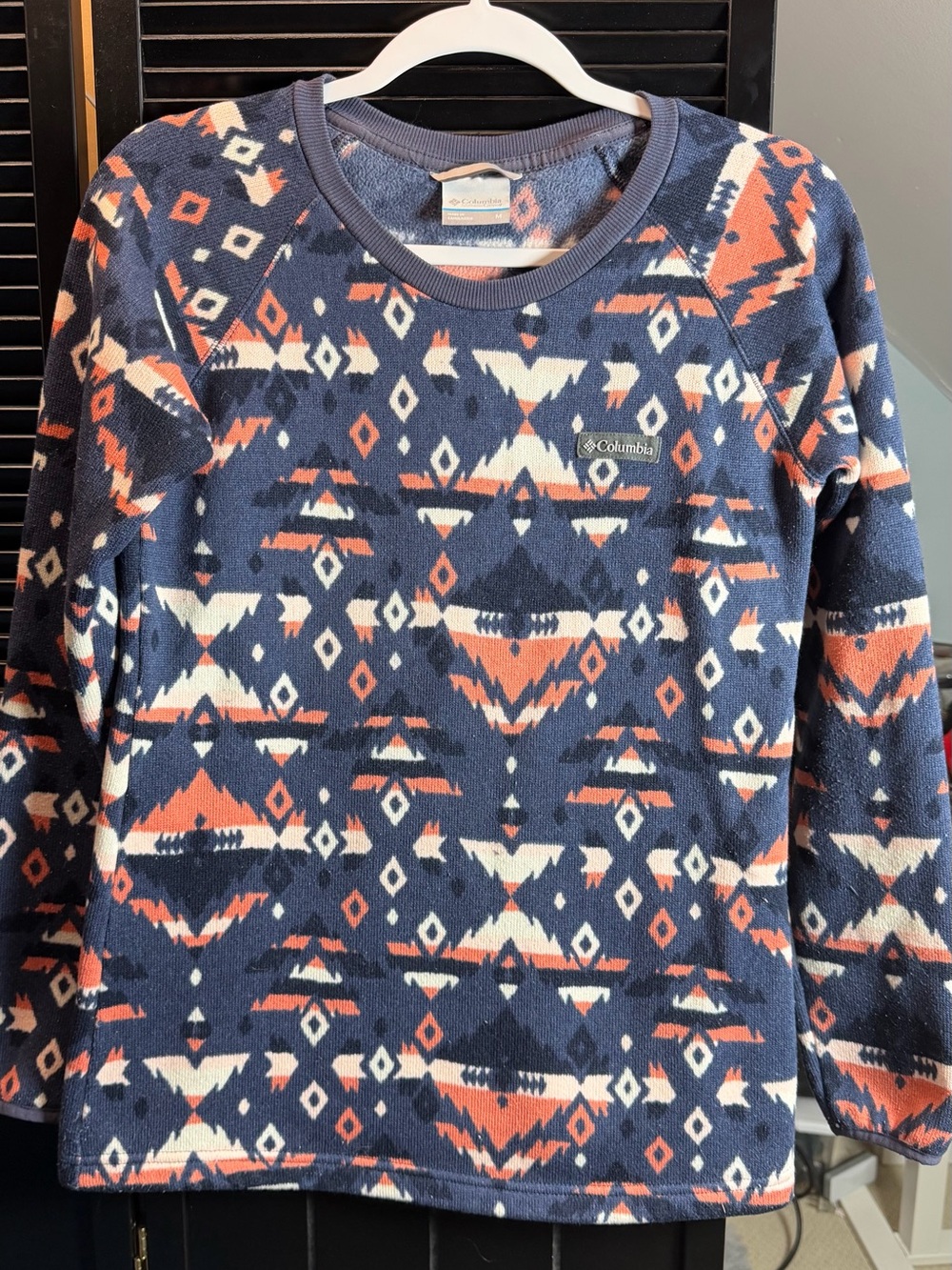 Columbia Navy Aztec Crewneck Fleece with Coral & Cream Pattern